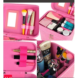 Large Capacity Double Layer Portable Travel Crocodile Pattern Beauty Makeup Cosmetic Case