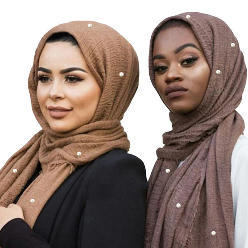Hot Sale Women's Scarf Solid Color High Quality Fringe Pearl turkish plain crinkle cotton hijab  scarf