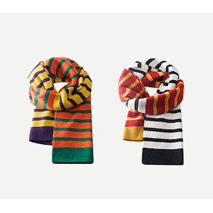 Nordic Style Lengthened Contrast Striped Wool Scarf Female Winter Student Warm Knitted Scarf