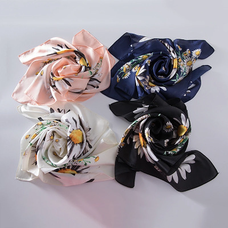 Small chrysanthemum scarf literary style square scarf pure silk edge scarf women printed