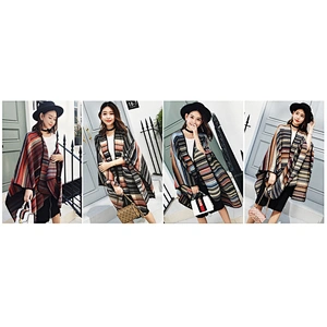Autumn Winter New Korean Style Literary Wave Stripe Split Scarf Thick Warm Big Shawl Fashion Cloak Jacket Women