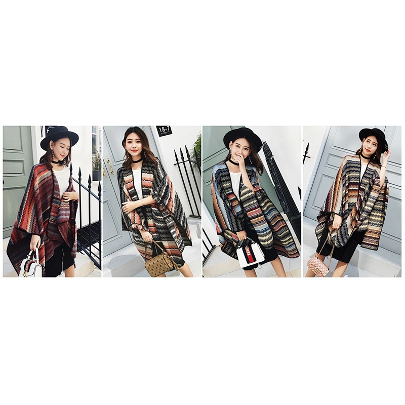 Autumn Winter New Korean Style Literary Wave Stripe Split Scarf Thick Warm Big Shawl Fashion Cloak Jacket Women