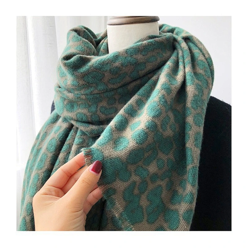 Western Style Avocado Green Scarf Women Winter Korean Wild Leopard Print Long Thick Shawl