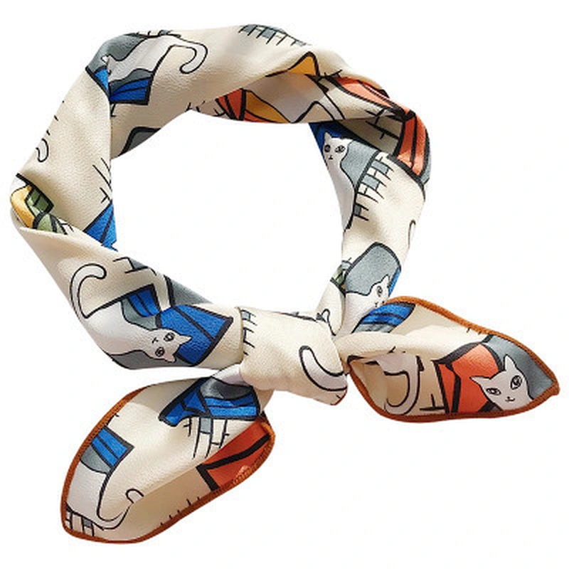 Wild multifunctional professional decorative scarf female wholesale small fresh printed cat small polyester square scarf