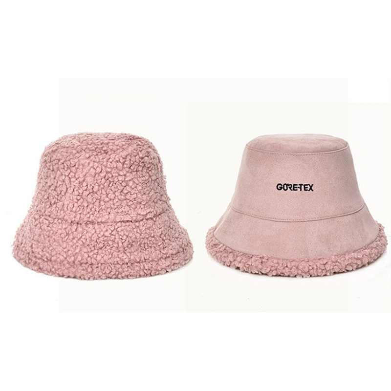 Ladies Suede Embroidered Logo Women Winter Double Sided Reversible Suede Bucket Hat