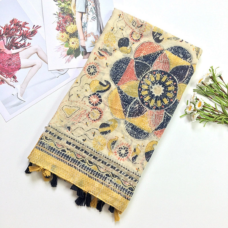 Dark Ginger Yellow Tassel Ethnic Style Seaside Beach Travel Photo Thin Sunscreen Dual-Use Scarf Shawl