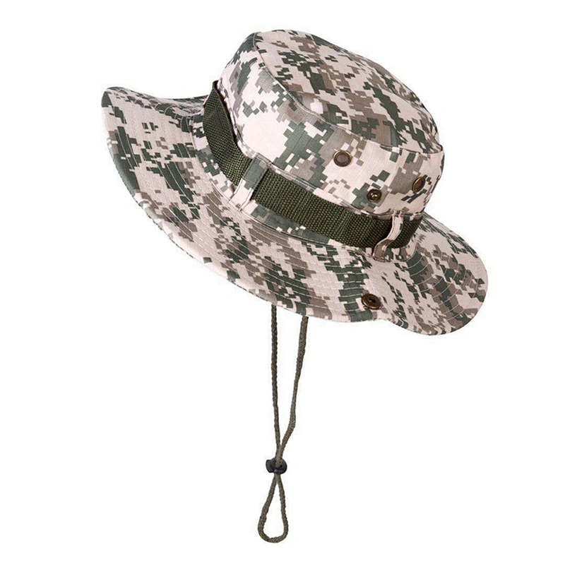 Unisex Wide Brim Sun Logo Summer Protection Camouflage Fisherman Bucket Hat Custom