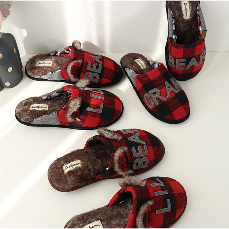 british checkered knitted warm plush cotton slippers men's women's waterproof non-slip mute home shoes