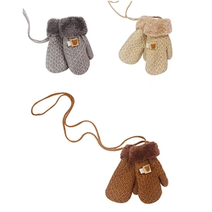 Winter Children'S Gloves Knitted Warm Velvet Thicken Gloves Baby Cute Bear Mittens Finger Lanyard Gloves