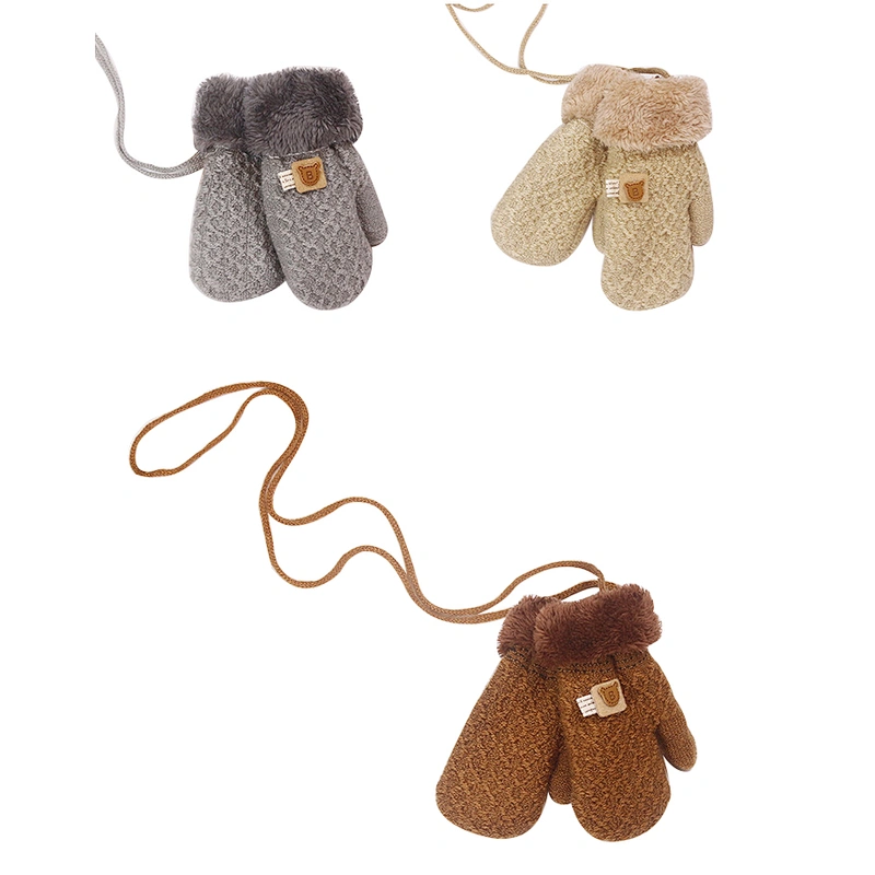 Winter Children'S Gloves Knitted Warm Velvet Thicken Gloves Baby Cute Bear Mittens Finger Lanyard Gloves