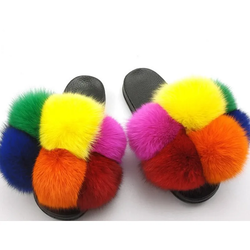 Wholesale Custom Logo Indoor Sandals Women Ladies Luxury Colorful Fluffy Fur Slipper