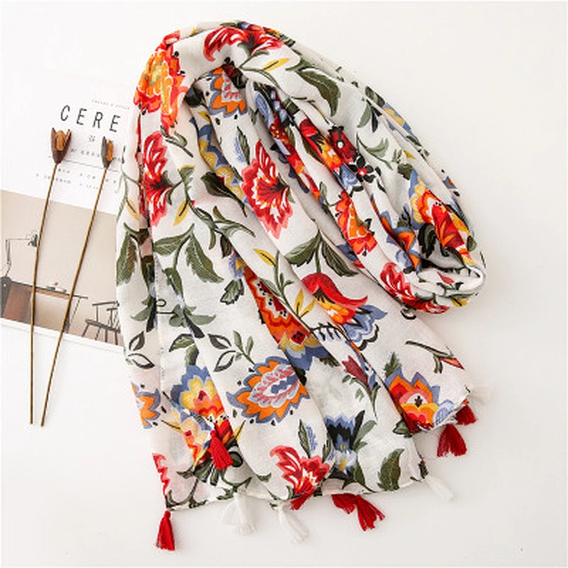 Summer travel sunscreen shawl temperament wild color flowers printed polyester scarf female