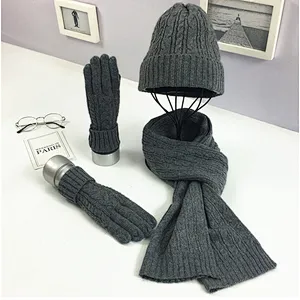 New Winter Knit Hat New Cable Warm  Soft Wool Hat Scarf  Gloves 3 Pieces Set