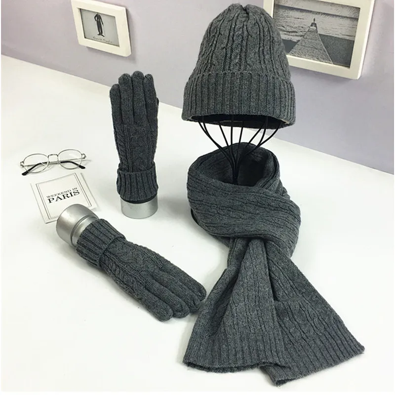 New Winter Knit Hat New Cable Warm  Soft Wool Hat Scarf  Gloves 3 Pieces Set