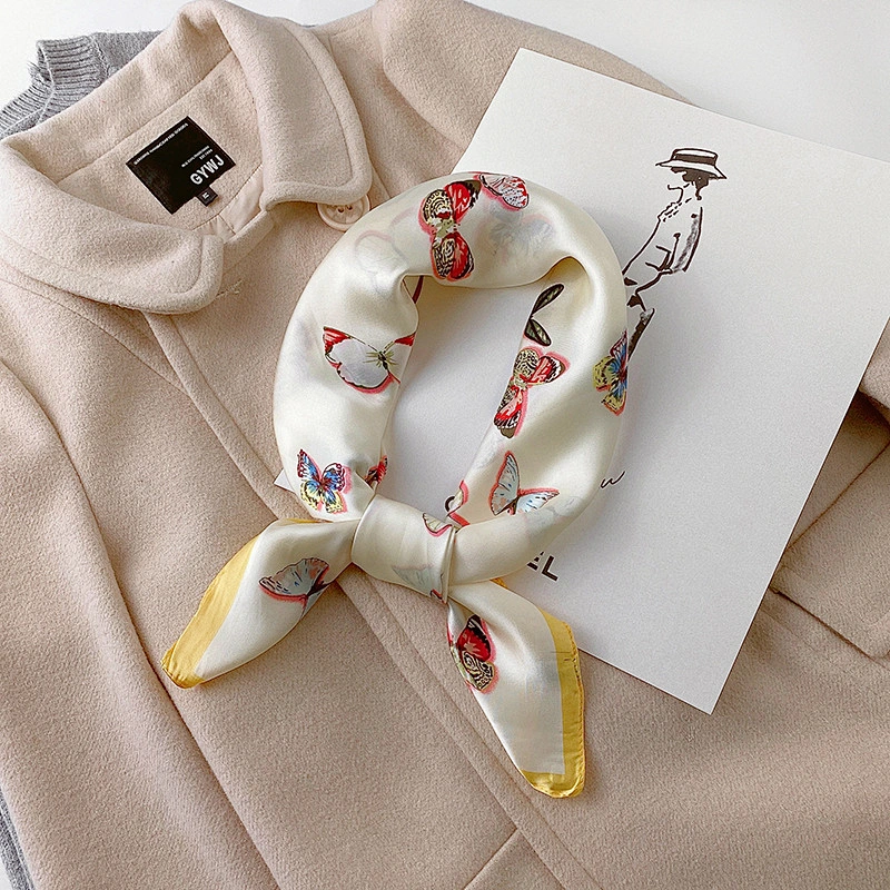 2020 summer new small butterfly printed silk scarf female simulation silk scarf curled small square scarves