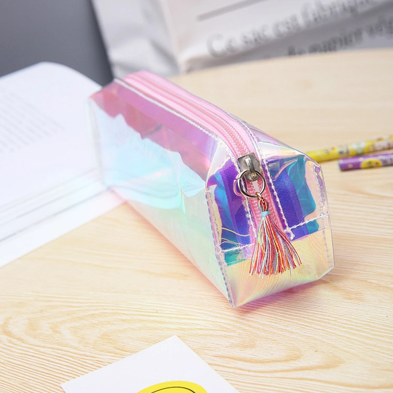 Personality Students Transparent Pencil Case Holographic Laser Stationery Bag With Tassel
