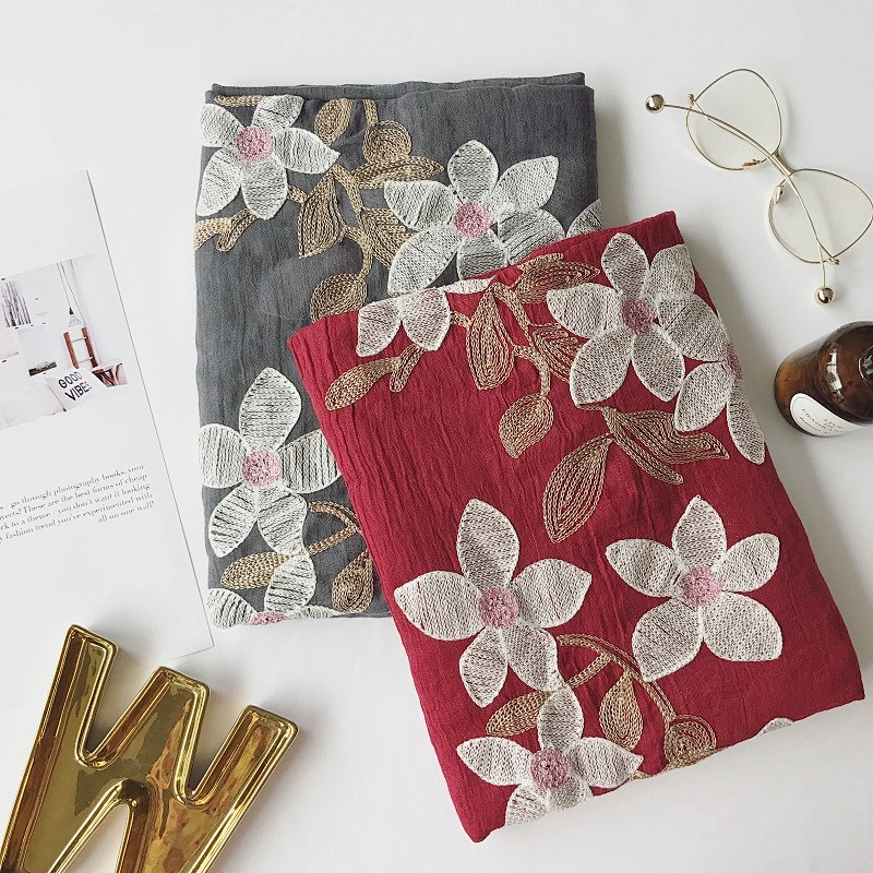 Spring style cotton and linen ethnic style flowers cotton and linen embroidery solid color scarf female linen extra long silk sc