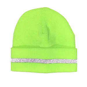 New Style Double-Layer Warm Woolen Hat With Curled Edge Fluorescent Color Reflective Strip Knitted Hat