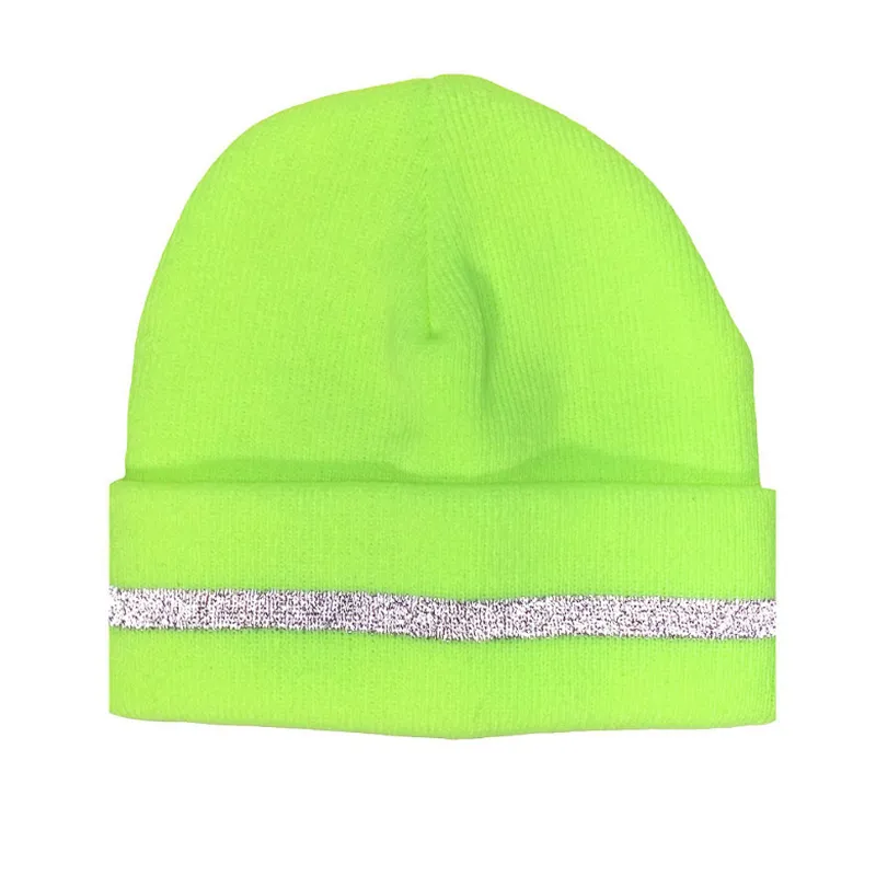New Style Double-Layer Warm Woolen Hat With Curled Edge Fluorescent Color Reflective Strip Knitted Hat