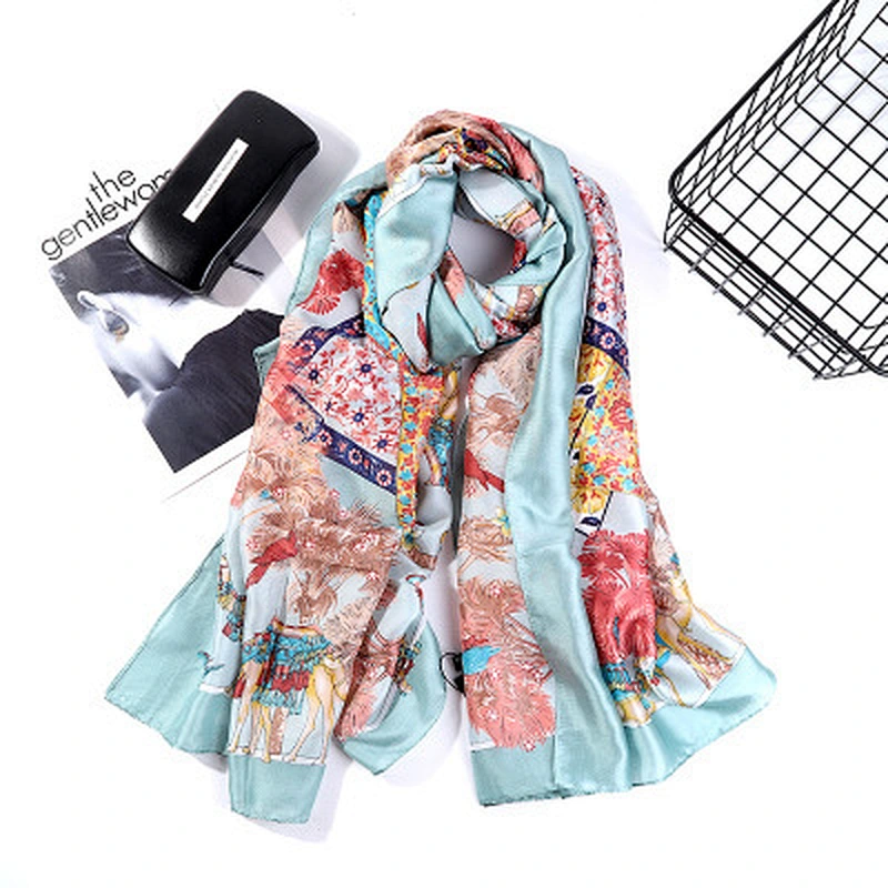 Spring and summer new ladies color contrast camel retro design printed silk sunscreen shawl scarf