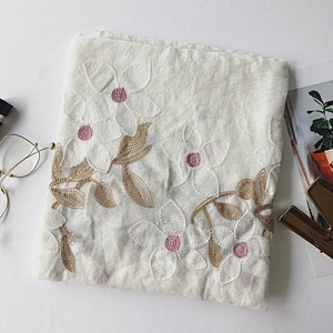 Spring style cotton and linen ethnic style flowers cotton and linen embroidery solid color scarf female linen extra long silk sc