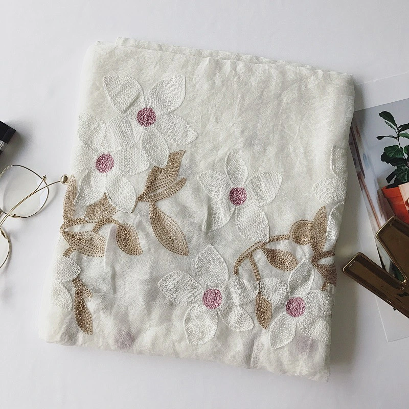 Spring style cotton and linen ethnic style flowers cotton and linen embroidery solid color scarf female linen extra long silk sc