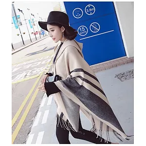2021 Wholesale Autumn Winter Ladies Cape Shawl With Hood Warm Tassel Scarf Shawl Dual-Use Thick Shawl