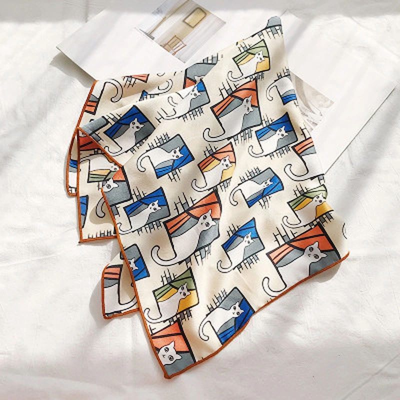 Wild multifunctional professional decorative scarf female wholesale small fresh printed cat small polyester square scarf