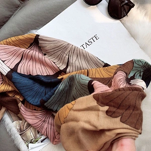 Cotton And Linen Feel Fashionable Retro Ginkgo Printing Fringed Scarf Long Scarf Shawl