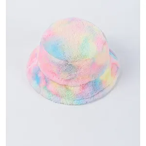 2020 Bucket Hat Rainbow Color Stylish Tie-Dyed Warm Furry Bucket Hats Colorful Fur Hat