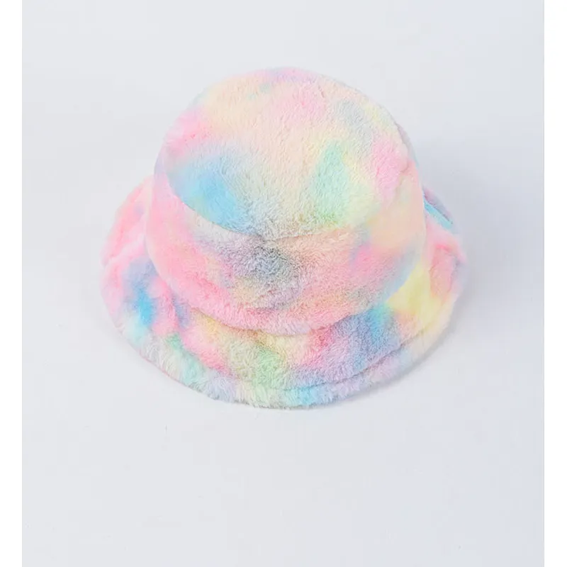 2020 Bucket Hat Rainbow Color Stylish Tie-Dyed Warm Furry Bucket Hats Colorful Fur Hat