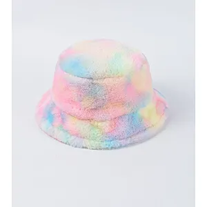 2020 Bucket Hat Rainbow Color Stylish Tie-Dyed Warm Furry Bucket Hats Colorful Fur Hat