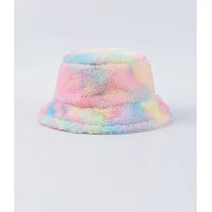 2020 Bucket Hat Rainbow Color Stylish Tie-Dyed Warm Furry Bucket Hats Colorful Fur Hat
