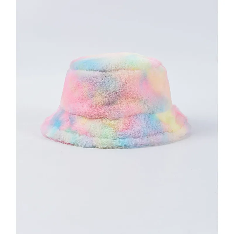 2020 Bucket Hat Rainbow Color Stylish Tie-Dyed Warm Furry Bucket Hats Colorful Fur Hat
