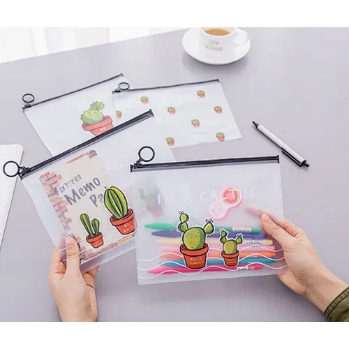 Custom Pattern Wholesale PVC Waterproof Cartoon Cactus Kawaii Pvc Pencil Bag Document Bag