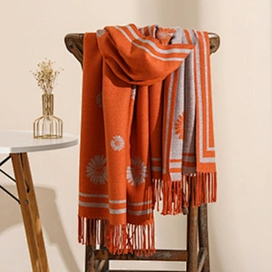 Small Daisy Flower Cashmere Scarf Female Winter Korean Version Double-Sided Printing Student Warm Tassel Scarf