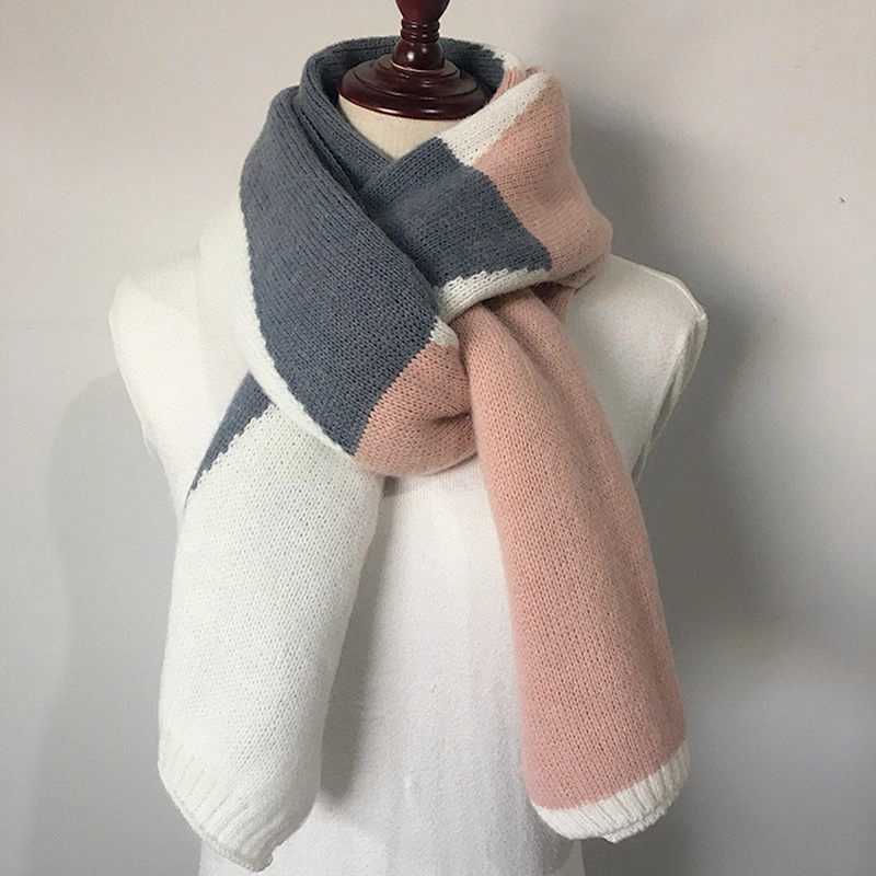 New Scarf Female Winter Korean Version Student Long Scarf Color Matching Wool Double-Sided Knitted Scarf