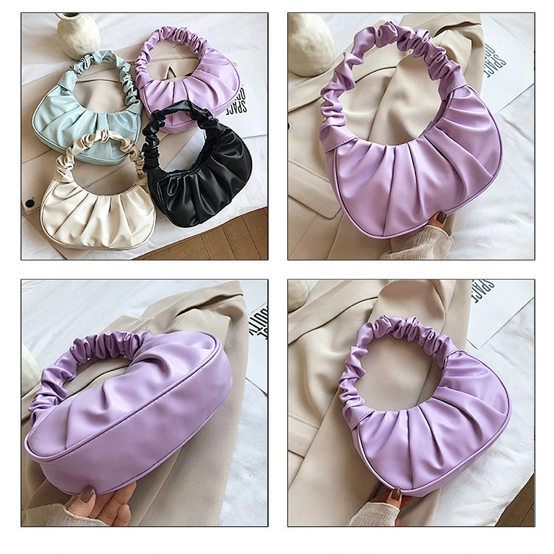 Soft High Quality Leather Pure Color Ruched Pattern Woman Shoulder Bag