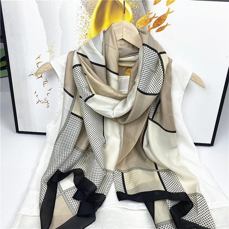 Large Size Summer Travel Sunscreen Ladies Scarf Korean Scarf Female Stitching Polka Dot Satin Printed Silk Scarf