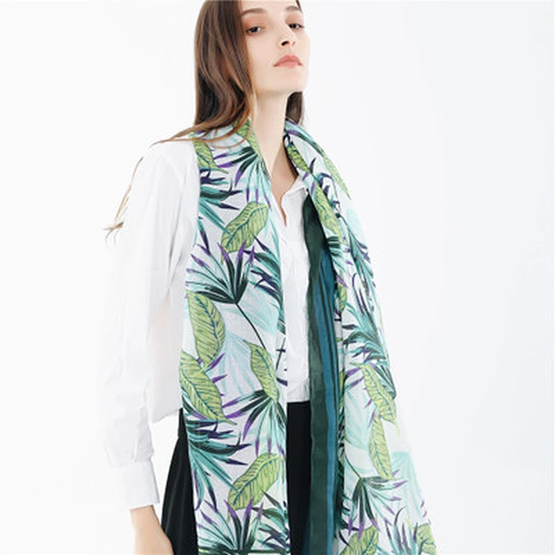 Leaf print scarves ladies long tassel ethnic style low price polyester silk scarf printed shawl for women