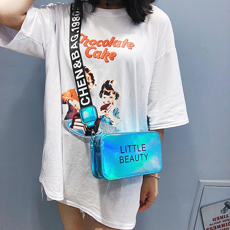 Summer Small Bag Female 2021 New Korean Version Ins Wild Messenger Bag Wide Shoulder Strap Laser Crossbody Bag