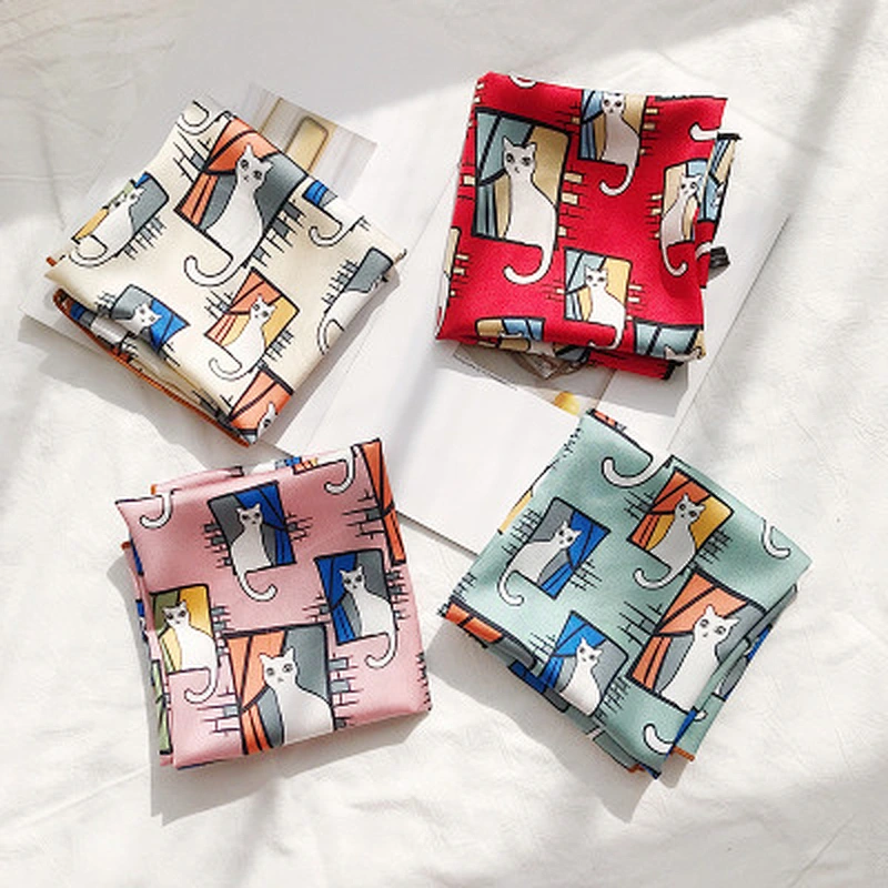 Wild multifunctional professional decorative scarf female wholesale small fresh printed cat small polyester square scarf