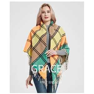 Fringed Scarf European American New Style 100% Polyester Coarse Bristles Plaid Square Scarf Thickening Ladies Shawl
