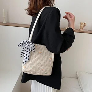 Ins 2020 Small Straw Bucket Bag Summer New Fairy Rattan Beach Vacation Portable Shoulder Bag