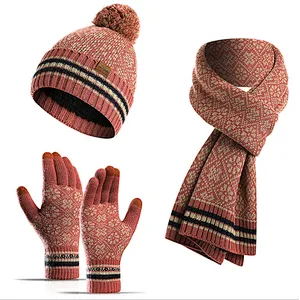 New Winter Knit Hat New Jacquard Print Warm Acrylic Hat Scarf Touch Screen Gloves 3 Pieces Set