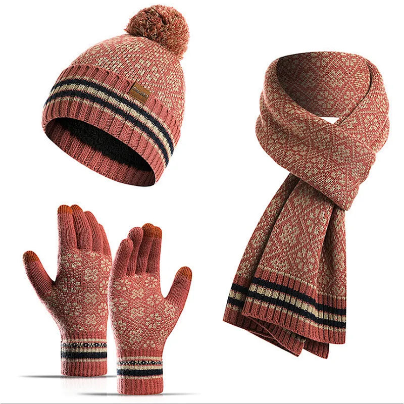 New Winter Knit Hat New Jacquard Print Warm Acrylic Hat Scarf Touch Screen Gloves 3 Pieces Set