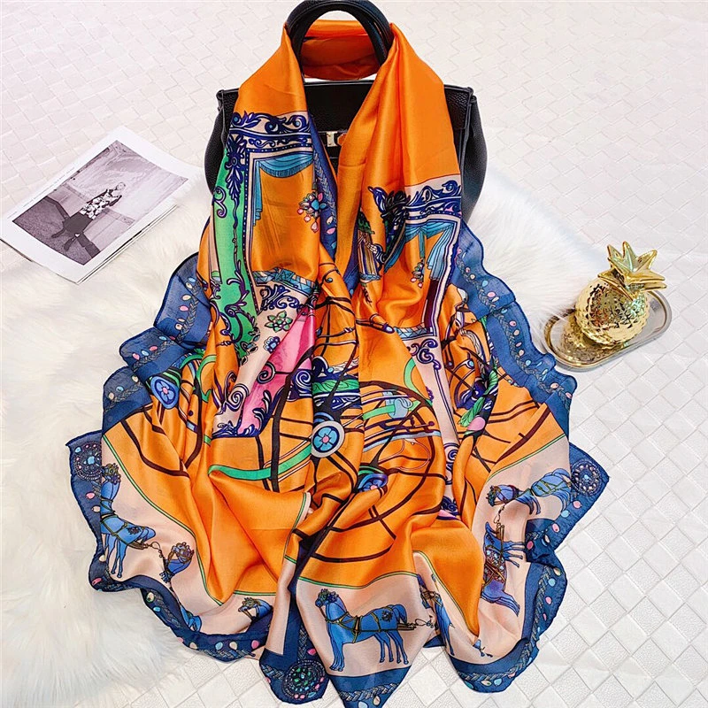Spring and autumn new carriage printed scarf female wild scarf outdoor sunscreen simulation silk scarf