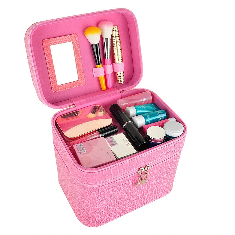 Large Capacity Double Layer Portable Travel Crocodile Pattern Beauty Makeup Cosmetic Case