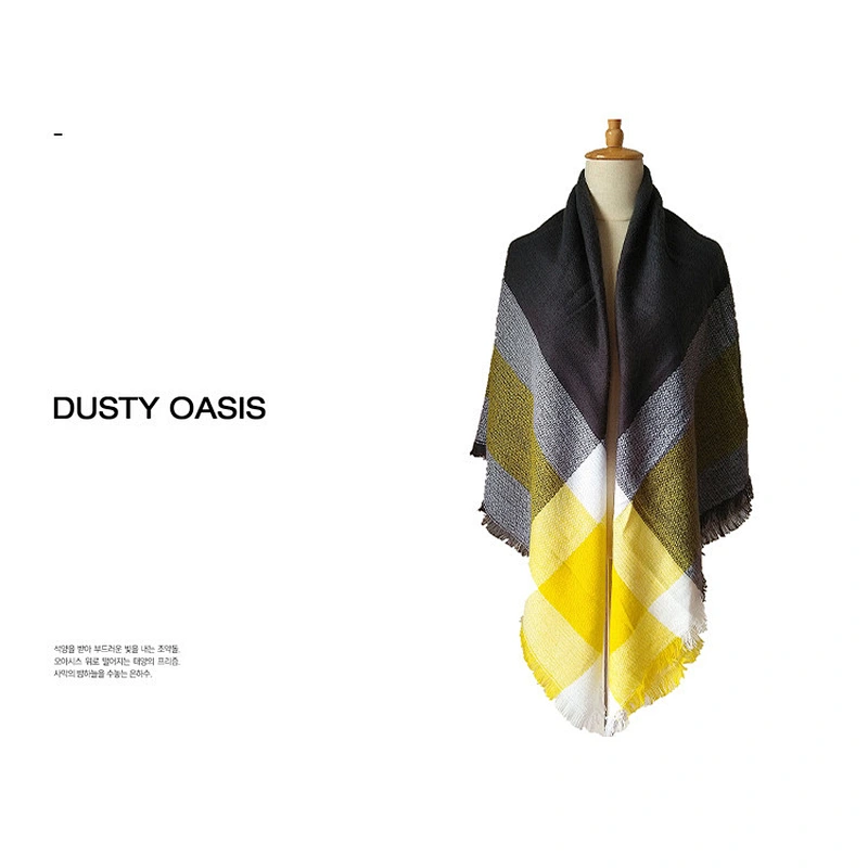European American New Yellow-Grey Cashmere Large Plaid Square Scarf Female Enlarged Double-Sided Shawl