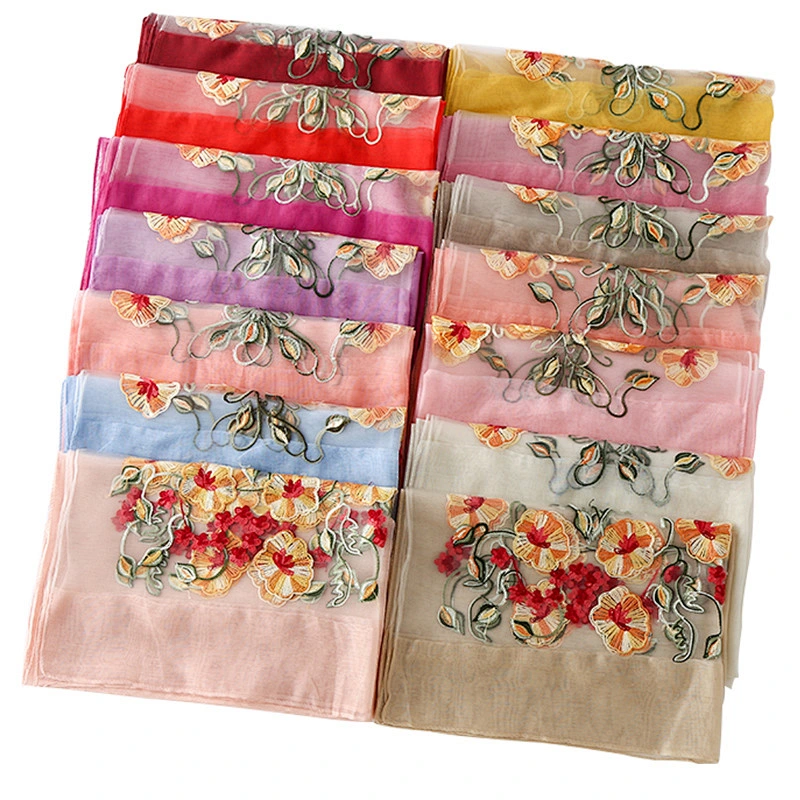 New solid color artificial silk morning glory embroidery sunscreen scarf female fashion wild floral embroidery scarf